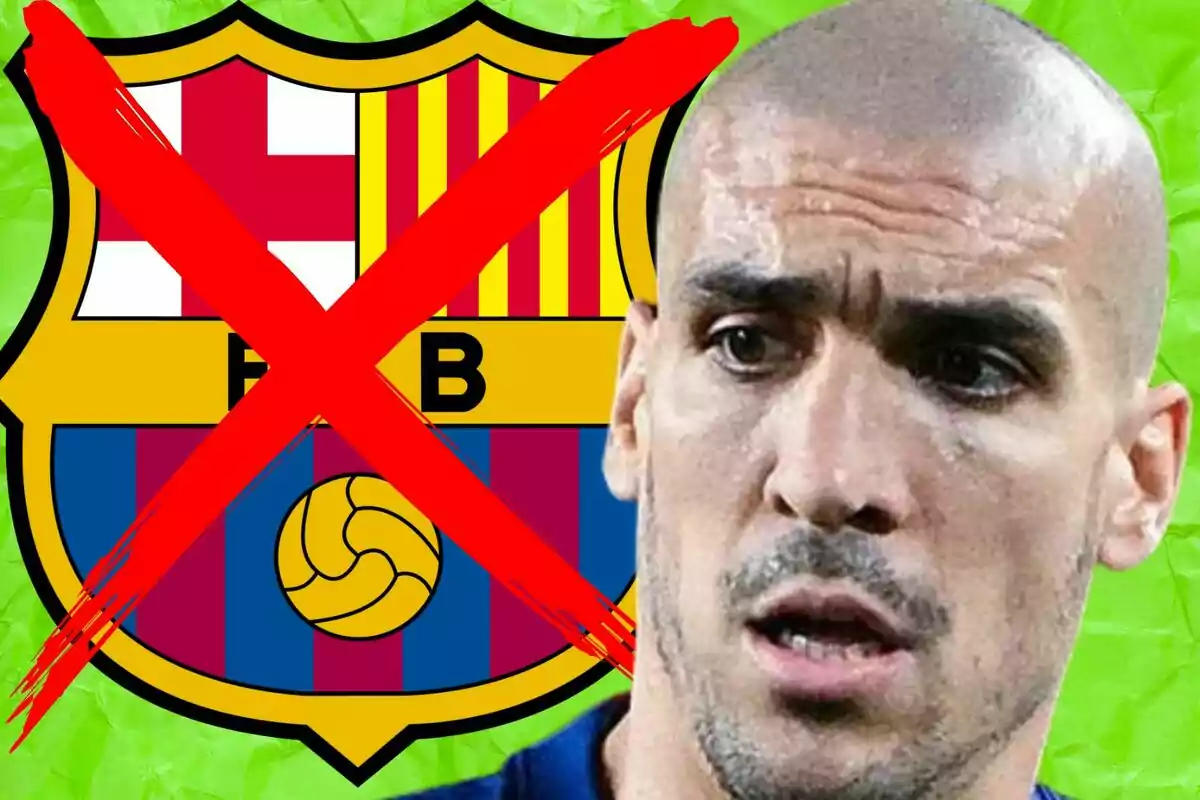 Escudo del FC Barcelona con una gran equis roja encima y un jugador de fútbol con expresión seria en primer plano