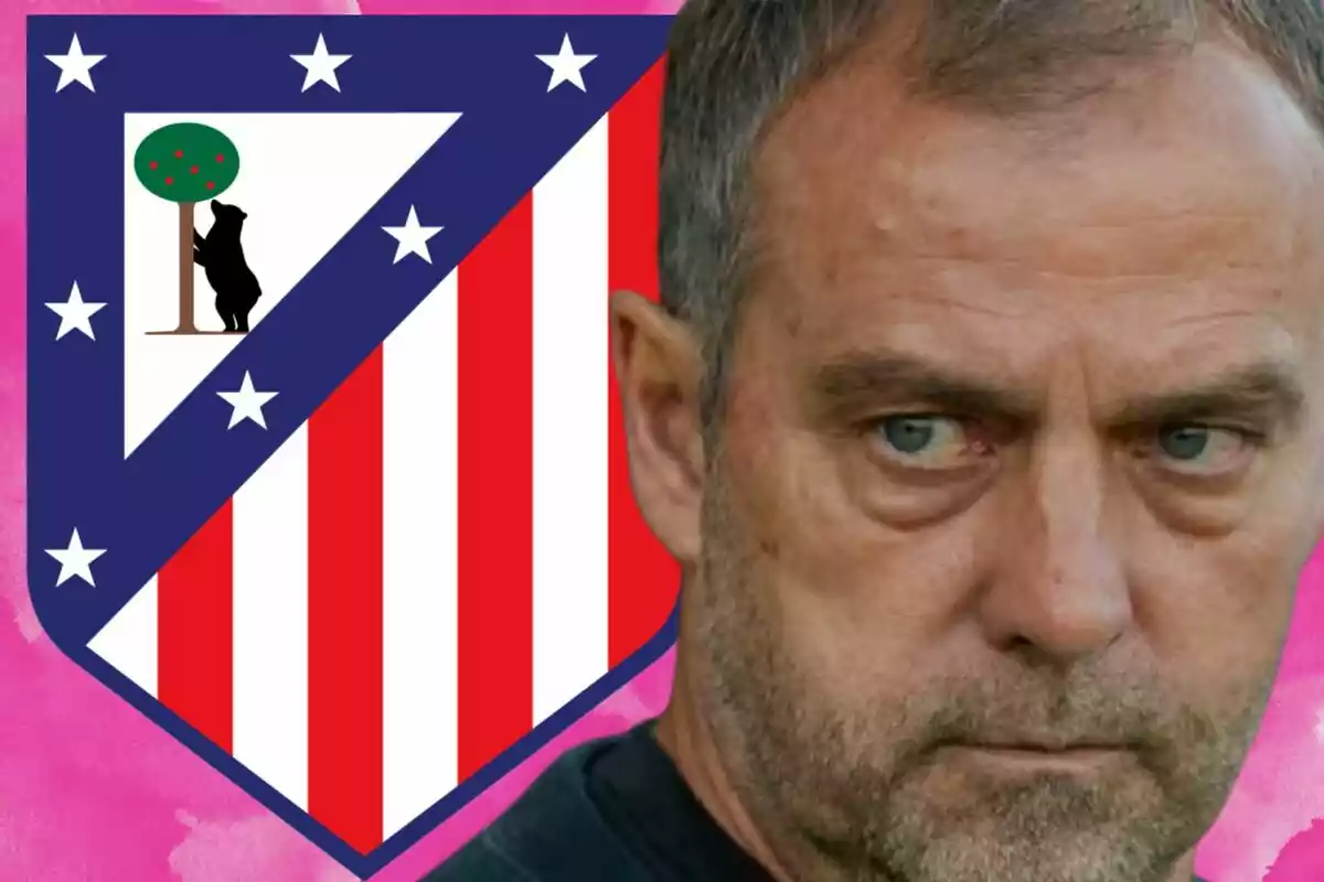 Serious-looking man in the foreground with the Atlético de Madrid crest in the background against a pink backdrop