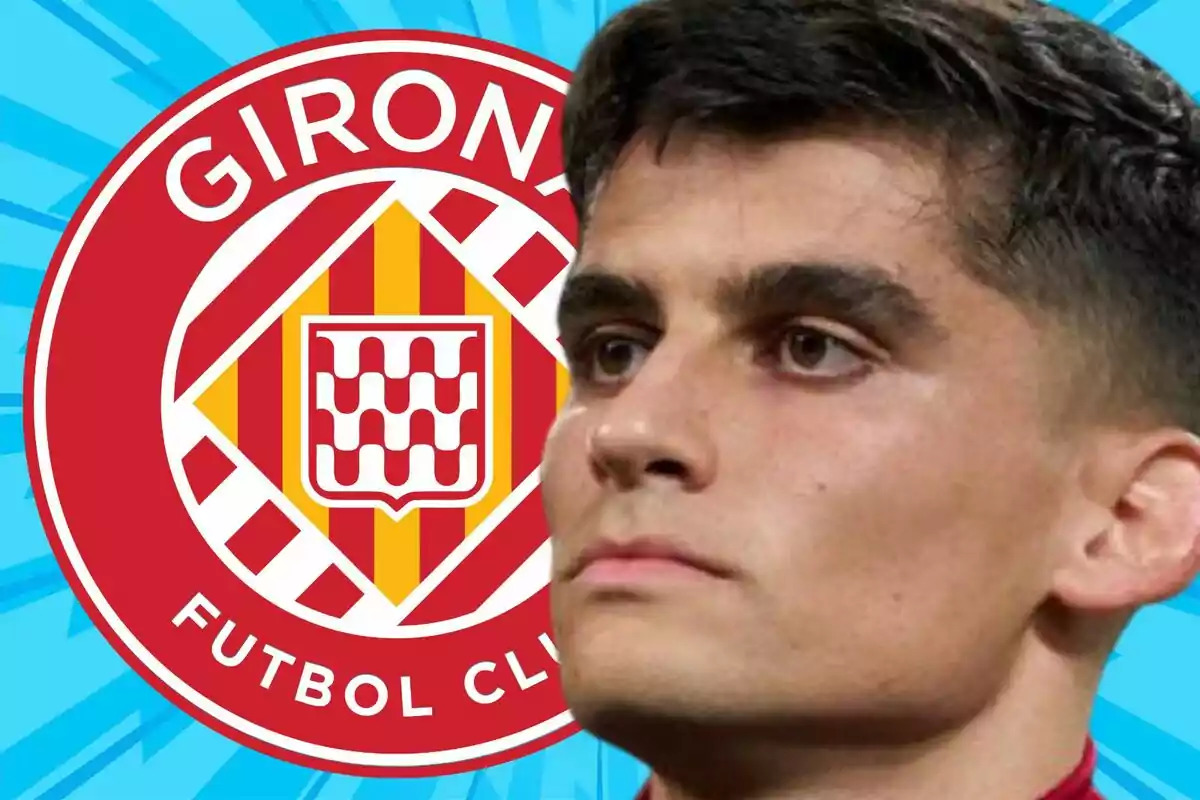 A player with a serious expression appears in the foreground with the Girona Futbol Club crest in the background on a striking blue design.