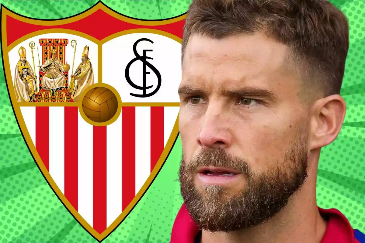 Man with a beard and short hair in front of the Sevilla FC crest against a green background with dots