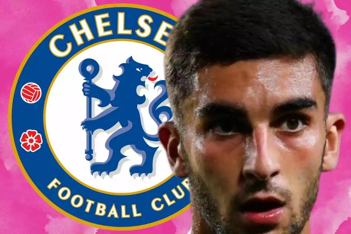 A player in the foreground with the Chelsea crest in the background on a pink backdrop