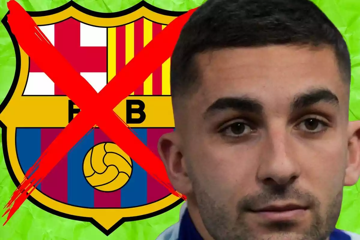 FC Barcelona crest with a large red X and a man's face in the foreground against a green background