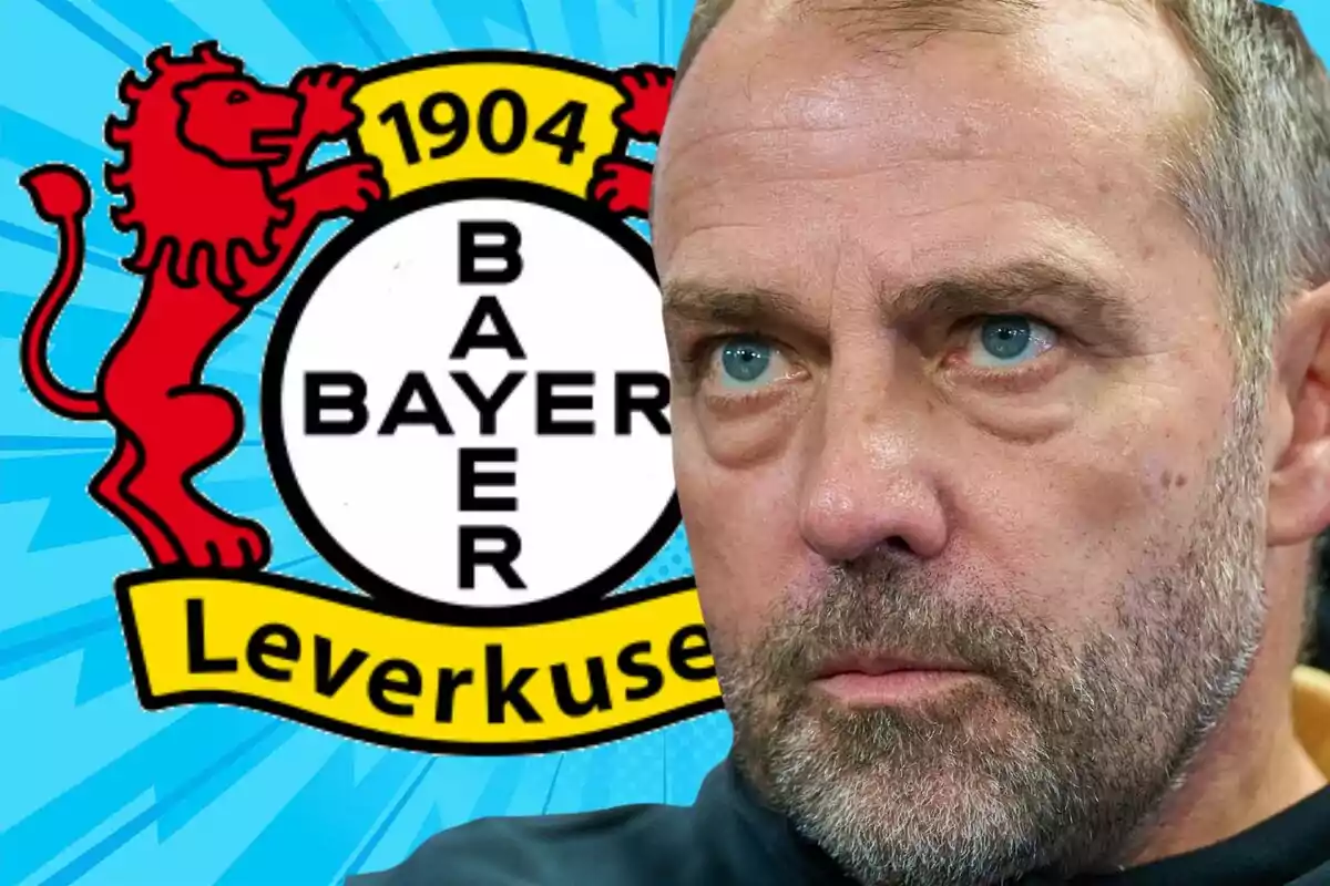 Serious-looking man in the foreground with the Bayer Leverkusen crest in the background