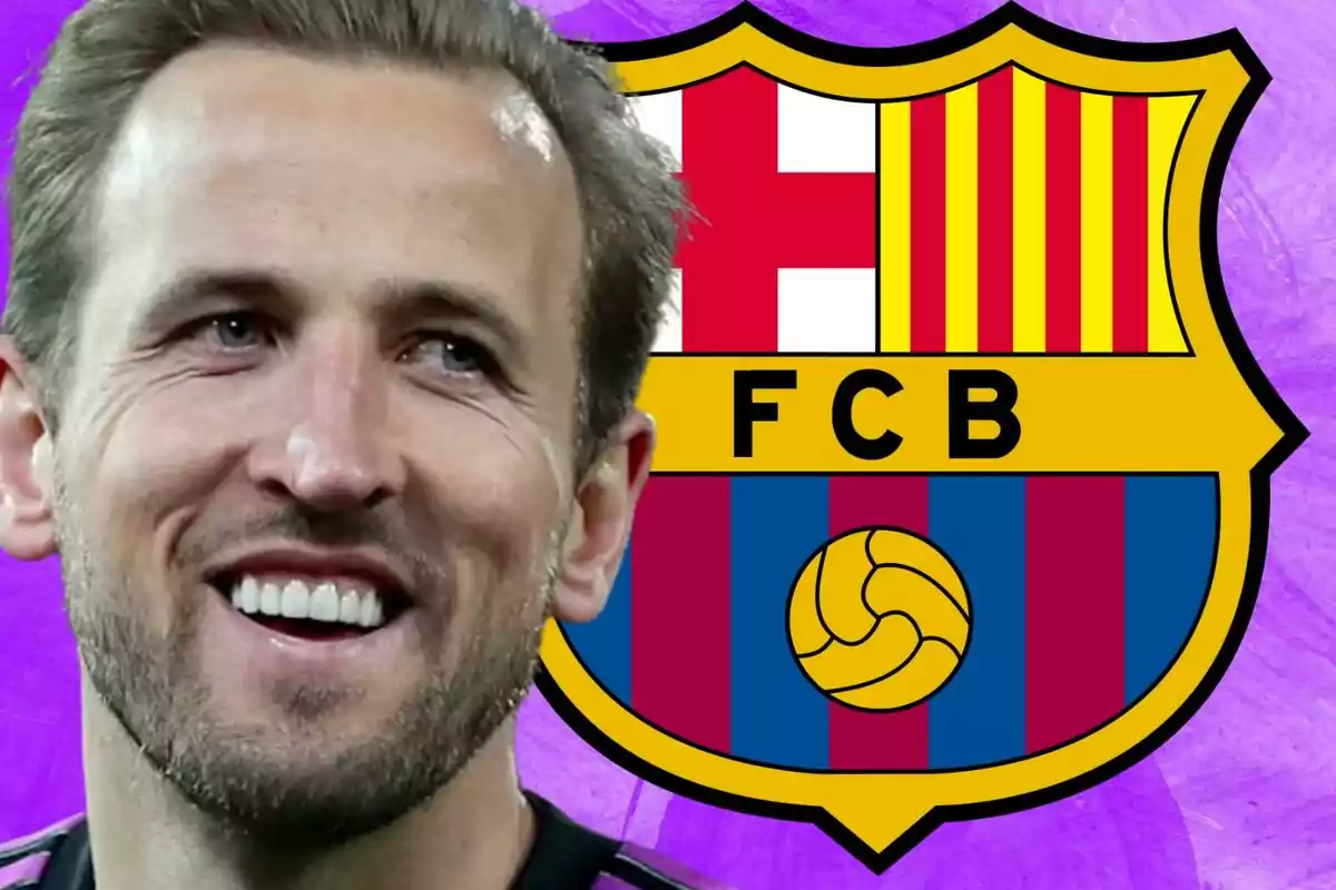 A smiling player appears in the foreground with the FC Barcelona crest in the background against a purple backdrop.