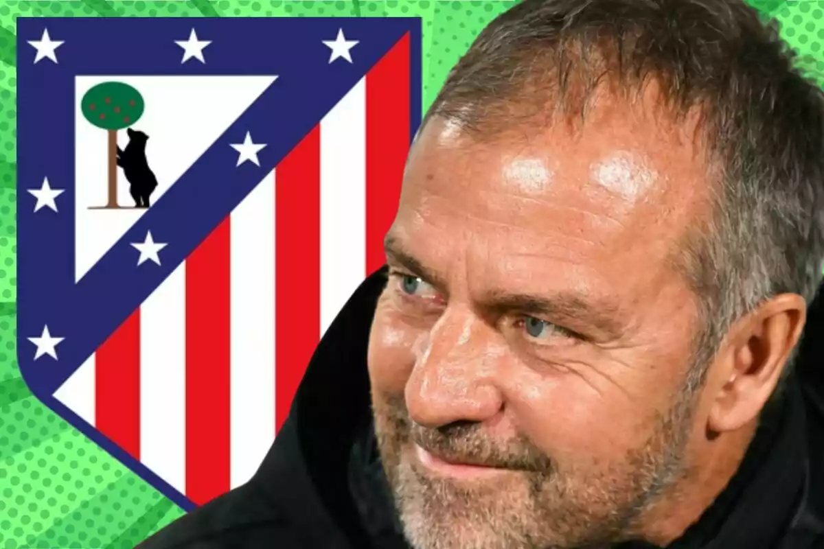Short-haired, bearded man looking to the right with the Atlético de Madrid crest in the background on a green design