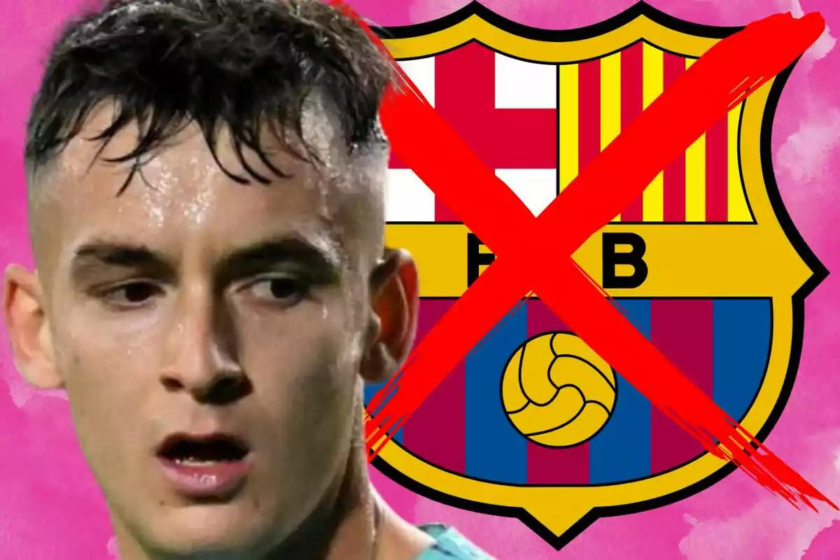 A player with a serious expression appears in front of the FC Barcelona crest, which is crossed out with a large red X on a pink background.
