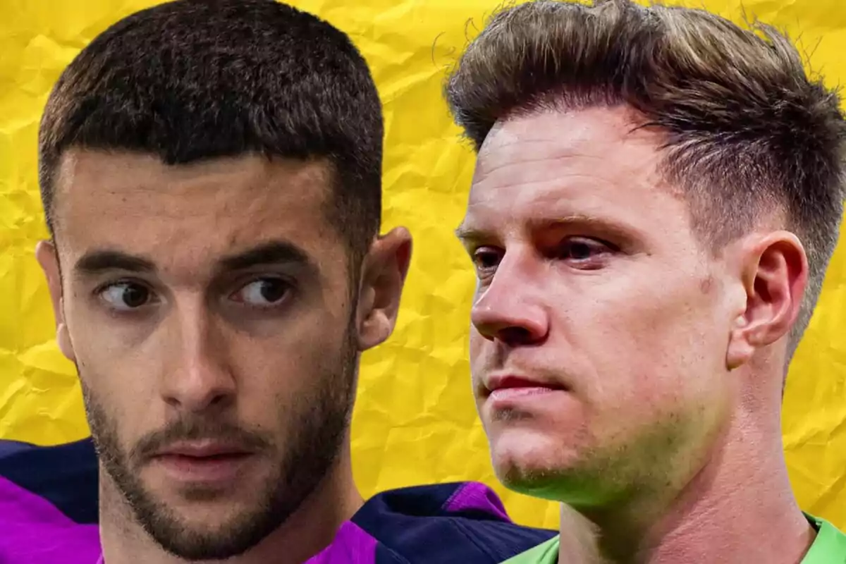 Dos hombres con expresión seria sobre un fondo amarillo