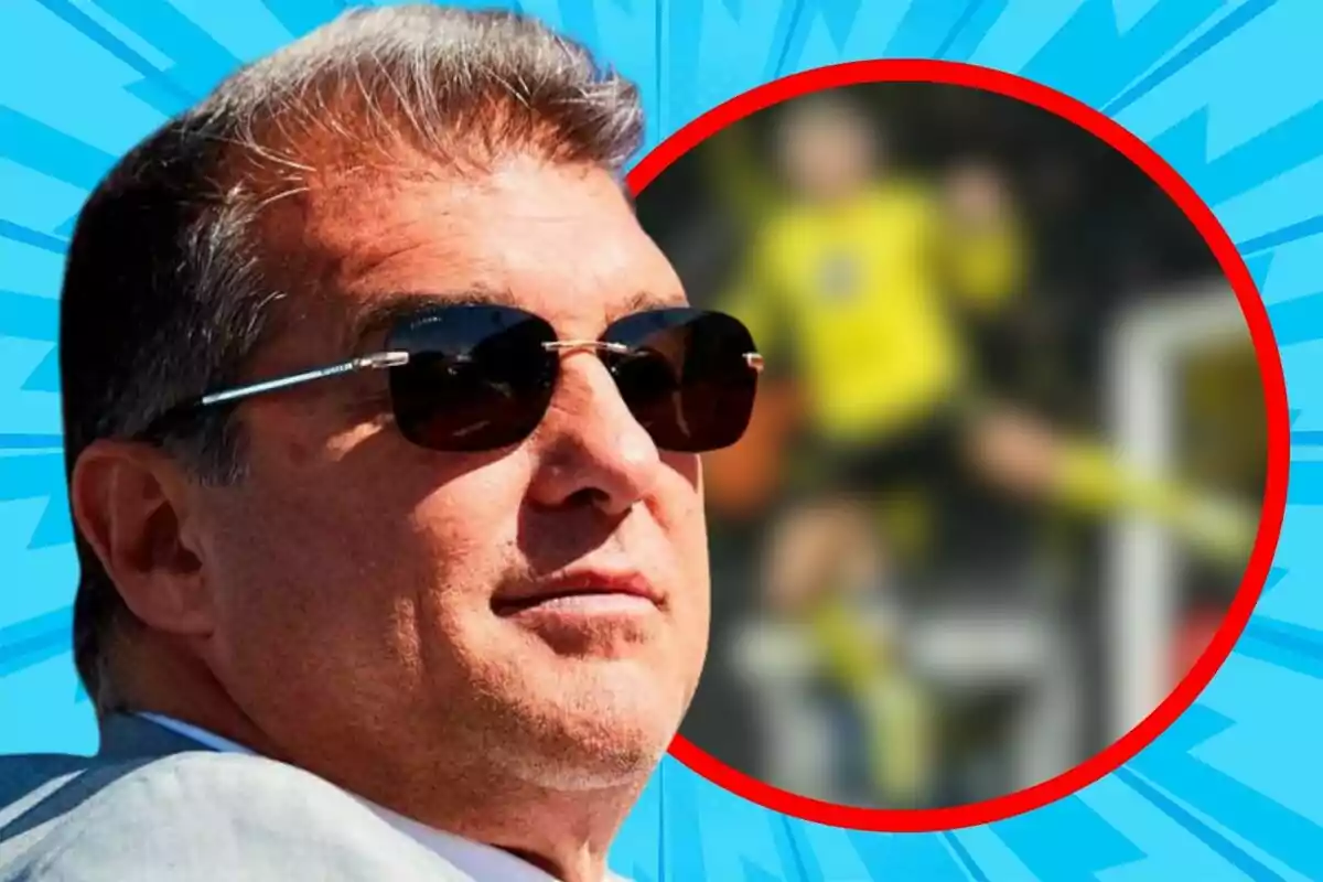 Hombre con gafas de sol al frente y fondo azul con un círculo rojo que contiene una imagen borrosa de una persona con uniforme amarillo