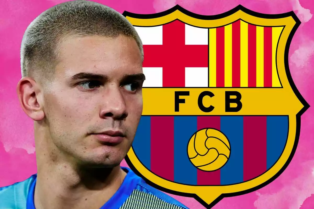 Un futbolista con el escudo del FC Barcelona de fondo sobre un fondo rosa.