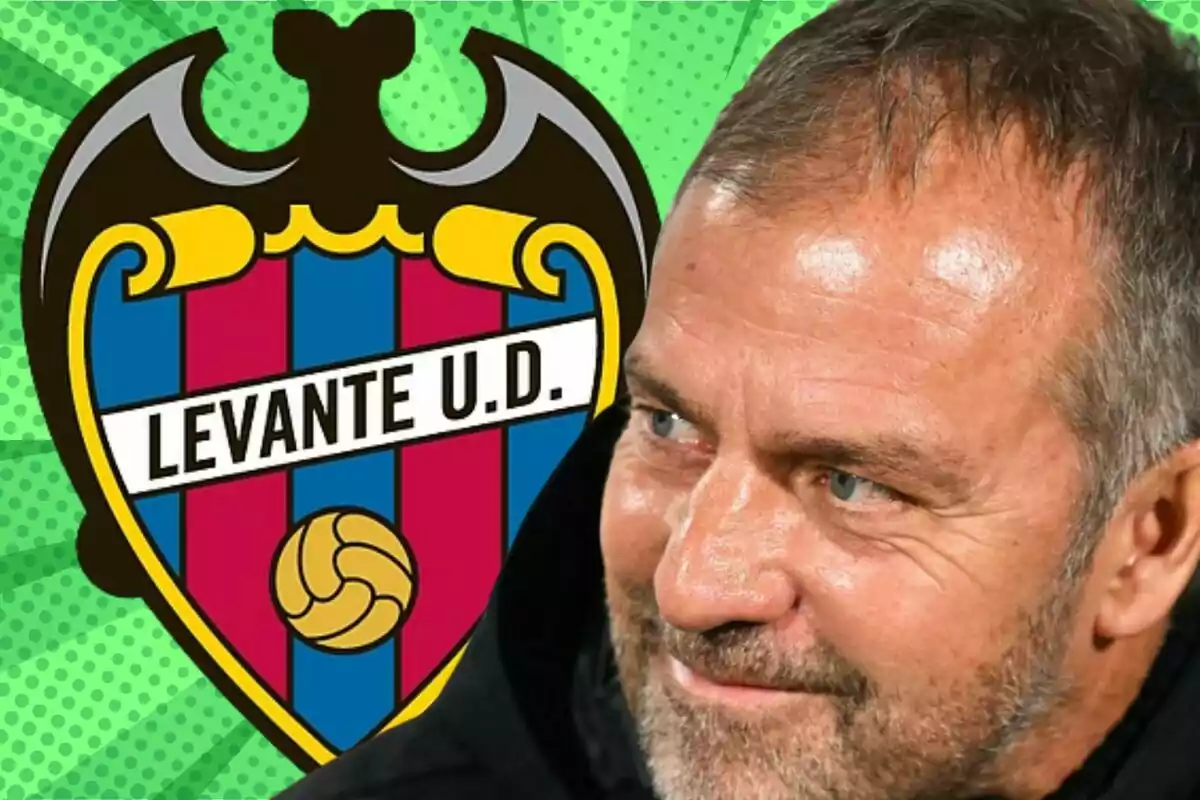 Hombre de cabello corto y barba mirando hacia la derecha con el escudo del Levante U.D. de fondo sobre un diseño verde