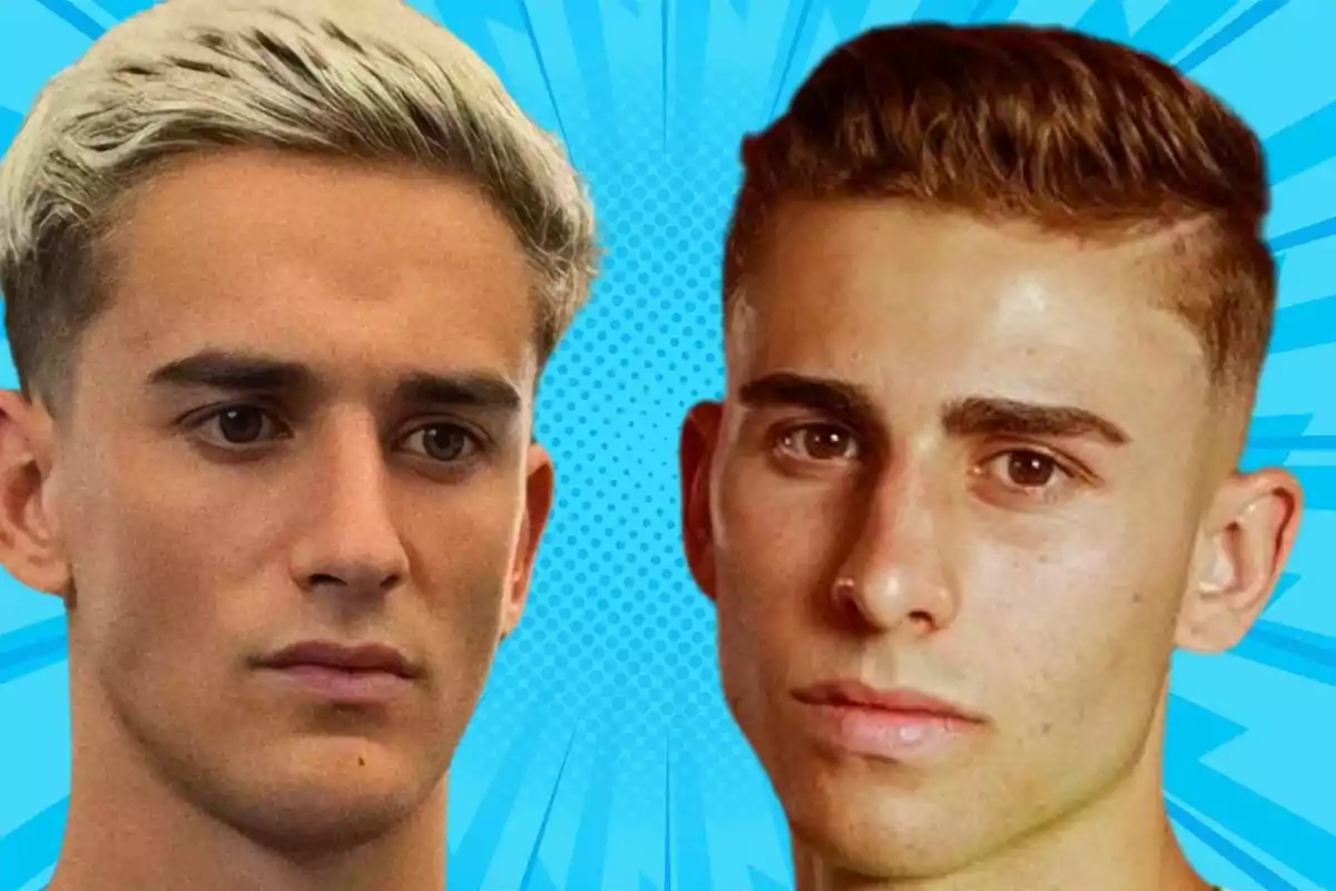 Two young people with serious expressions against a blue background with stylized rays and dots