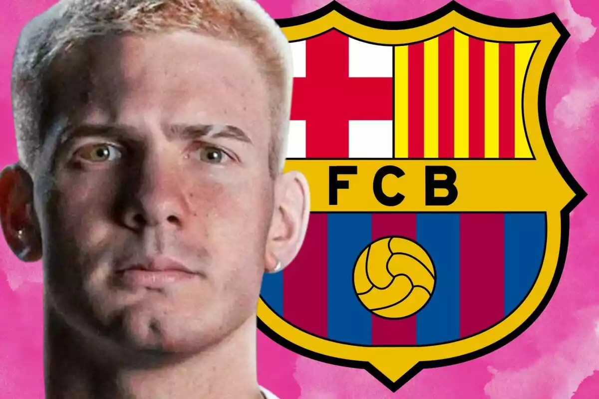 Un hombre de cabello corto y rubio aparece junto al escudo del FC Barcelona sobre un fondo rosa.