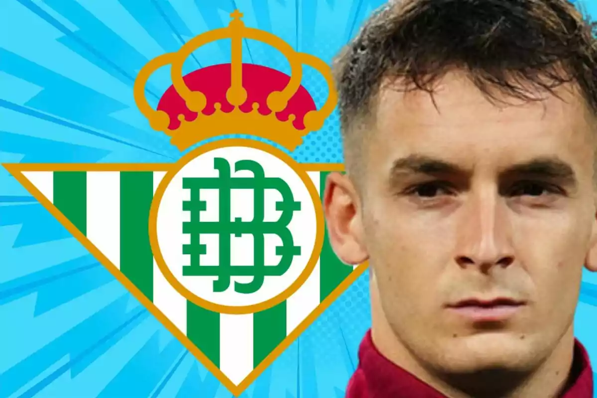 A player with a serious expression appears in the foreground next to the Real Betis crest against a striking blue background.