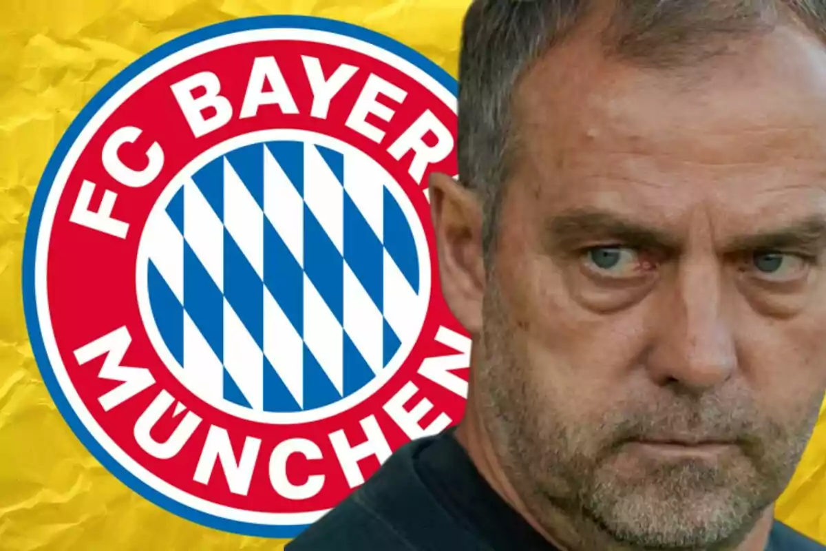 Man with a serious expression in front of the FC Bayern Munich crest against a yellow background.