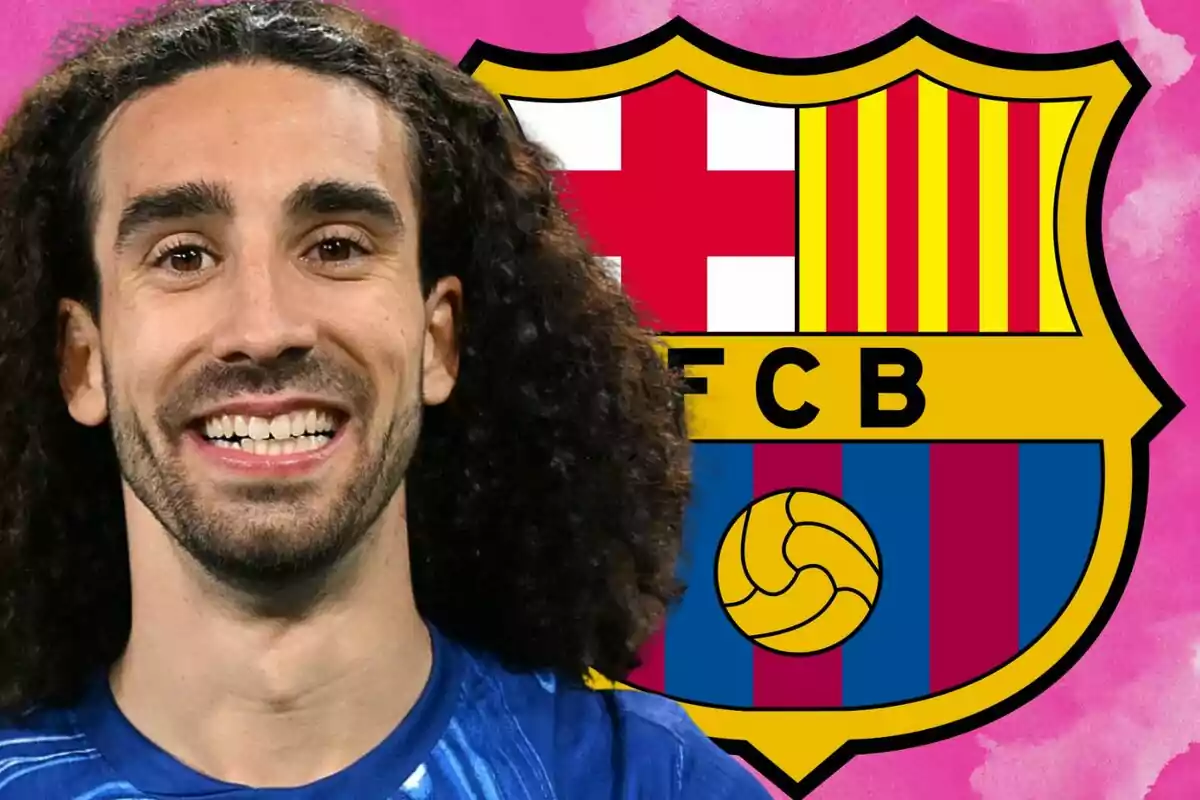 Smiling curly-haired man with the FC Barcelona crest in the background on a pink backdrop
