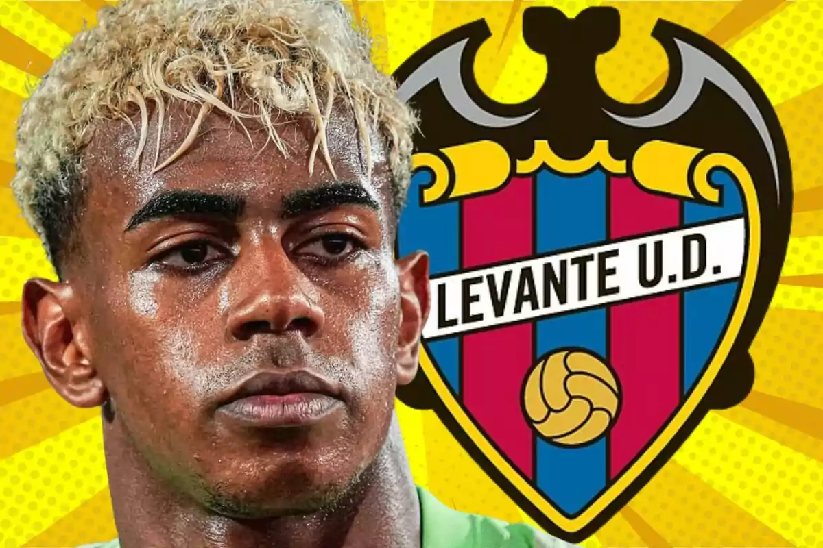 Jugador de fútbol con cabello rubio y expresión seria frente al escudo del Levante UD sobre un fondo amarillo llamativo