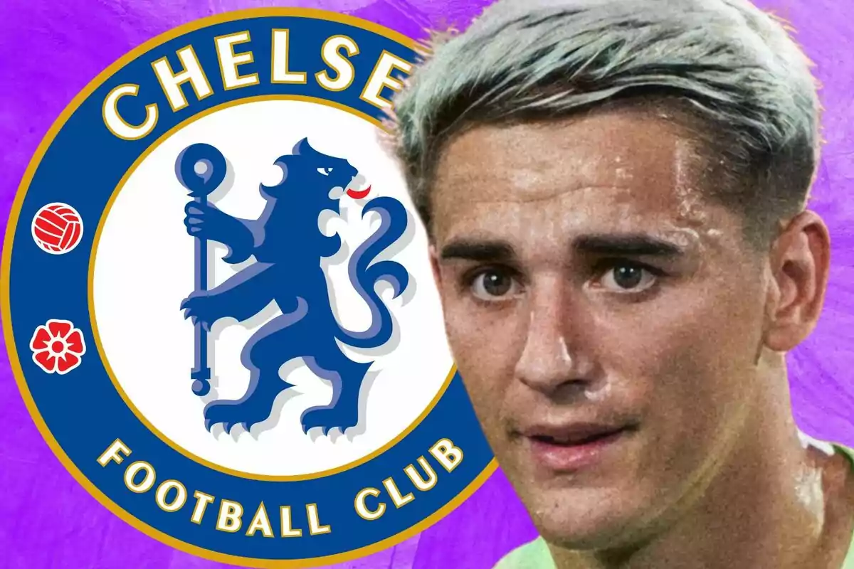 Un futbolista de cabello rubio claro aparece en primer plano junto al escudo del Chelsea sobre un fondo morado.