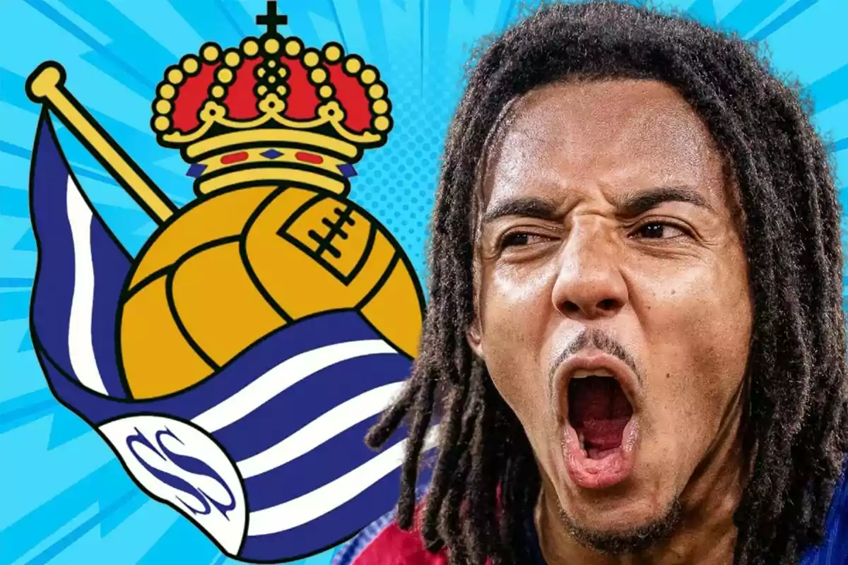 Soccer player celebrating with the Real Sociedad crest in the background on a striking blue design
