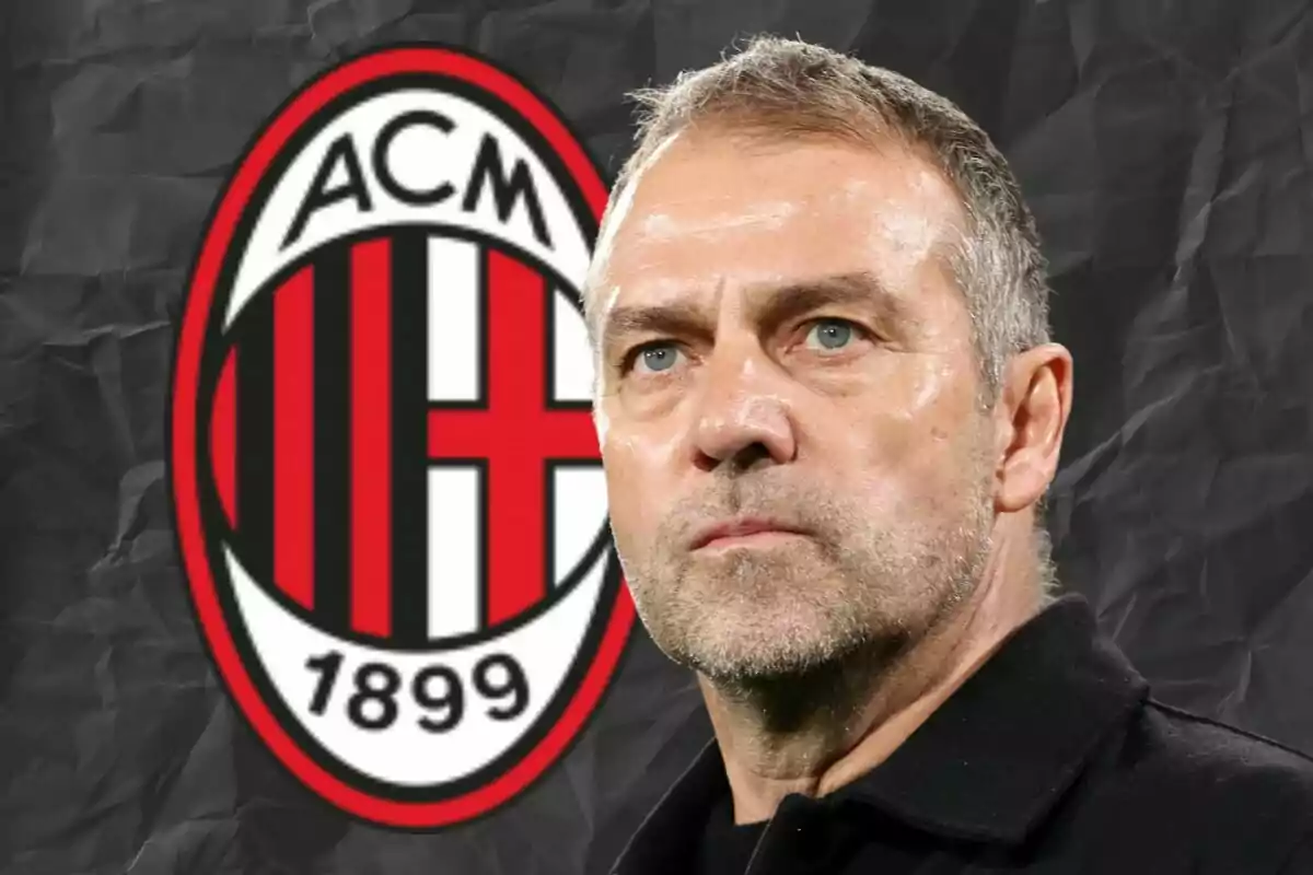 Hombre de cabello corto y barba mirando al frente con el escudo del AC Milan de fondo