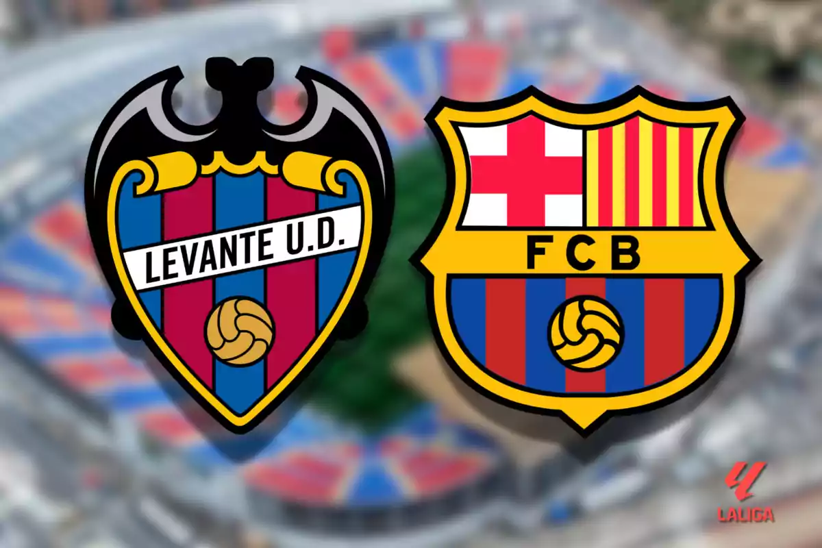 Escudos de los equipos Levante UD y FC Barcelona sobre un fondo de estadio desenfocado con el logo de LaLiga en la esquina inferior derecha