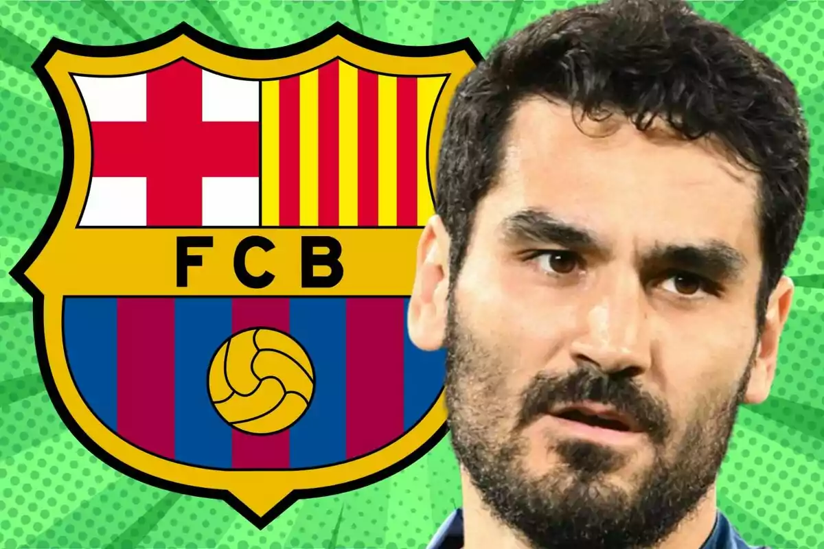 Un hombre de cabello oscuro y barba aparece en primer plano con el escudo del FC Barcelona de fondo sobre un diseño verde.