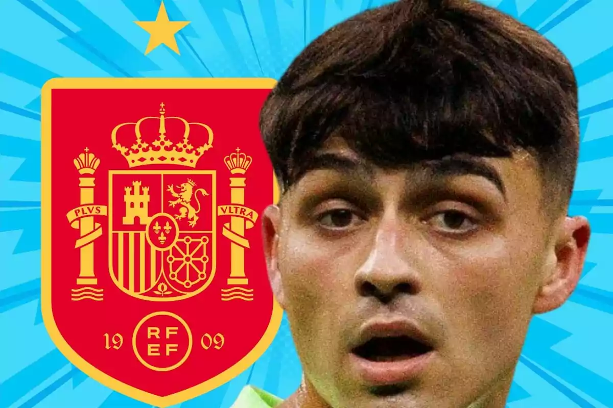 Soccer player with the Spanish national team crest in the background on a blue design