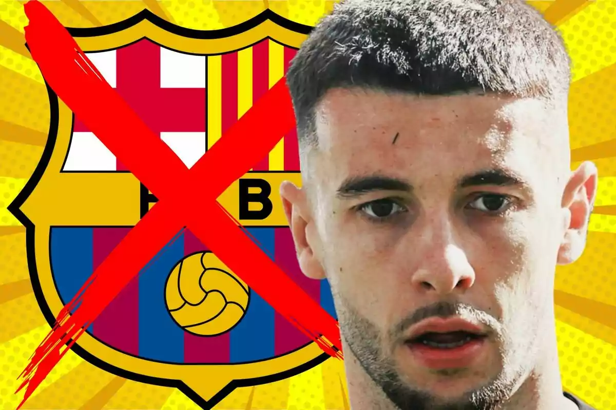 Barcelona crest with a big red X and a footballer’s face in the foreground