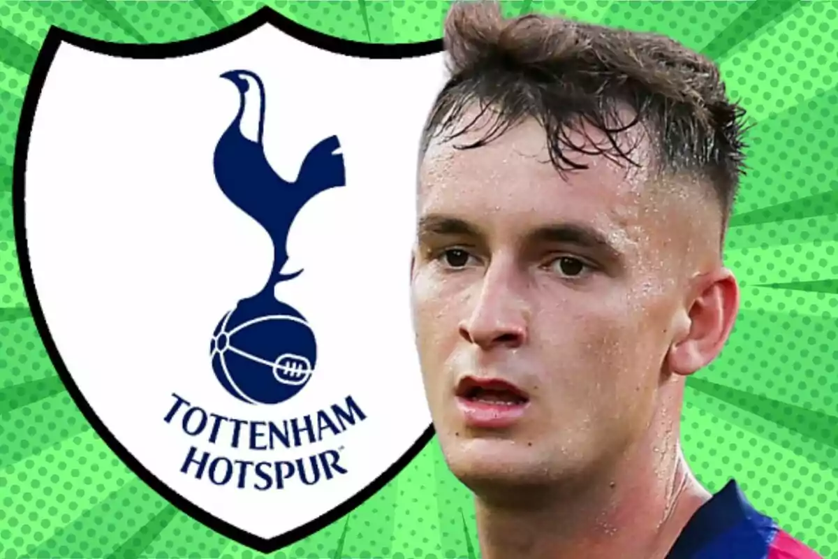 Soccer player with a serious expression in front of the Tottenham Hotspur crest on a green background with dots