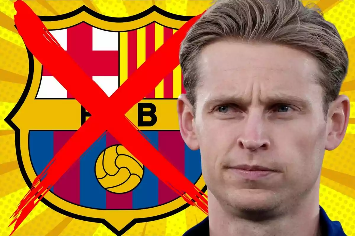 A blond man with a serious expression appears in front of the FC Barcelona crest, which is crossed out with a large red X on a striking yellow background.