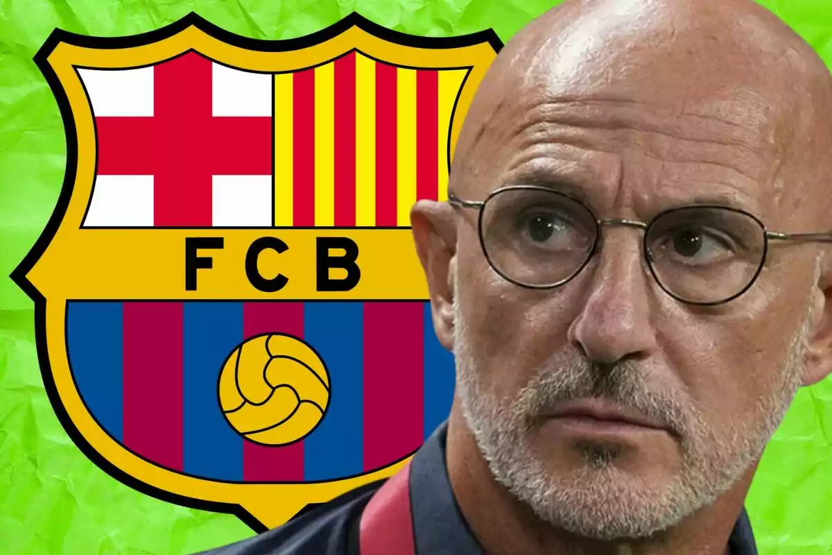 Bald man with glasses and a beard looking to the side with the FC Barcelona crest in the background on a green backdrop