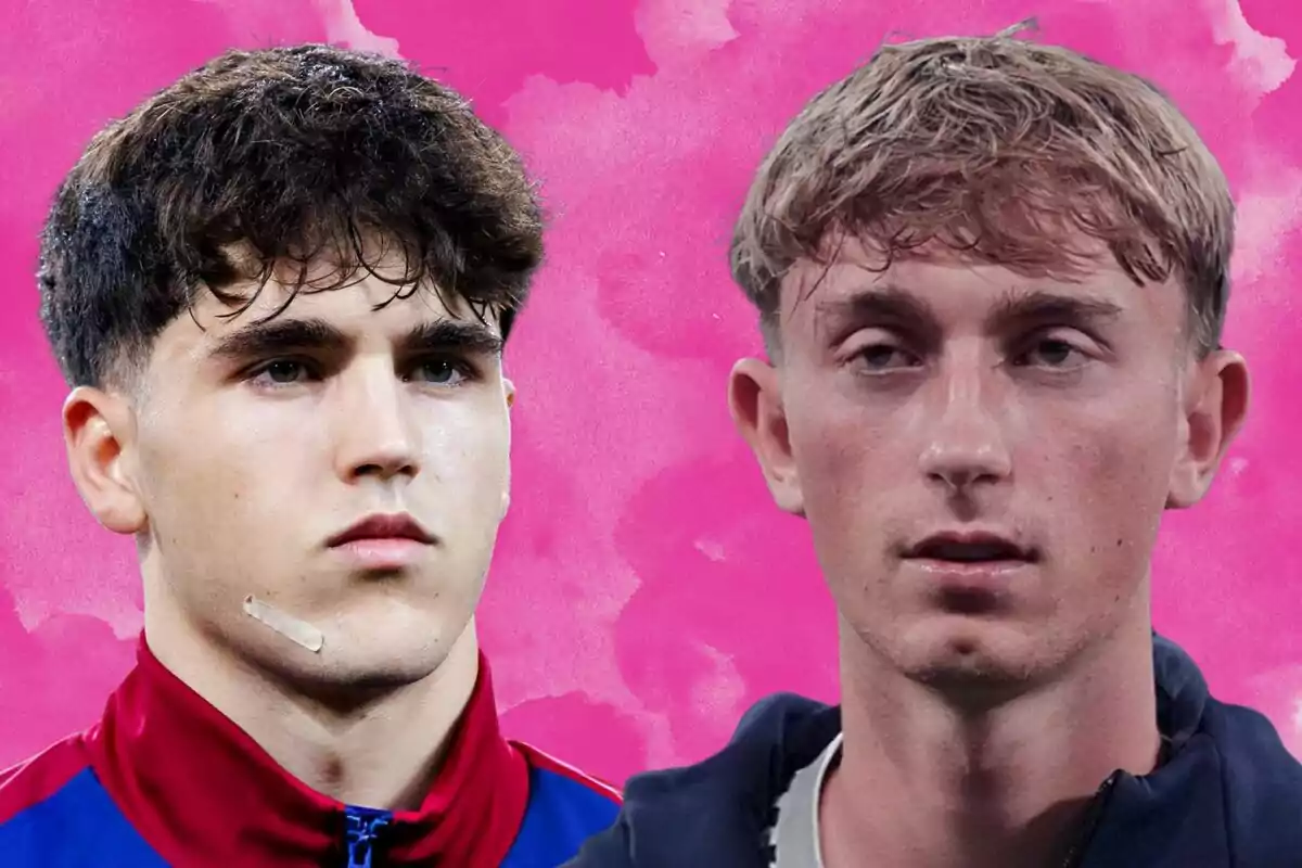 Two young people with serious expressions pose in front of a pink background.