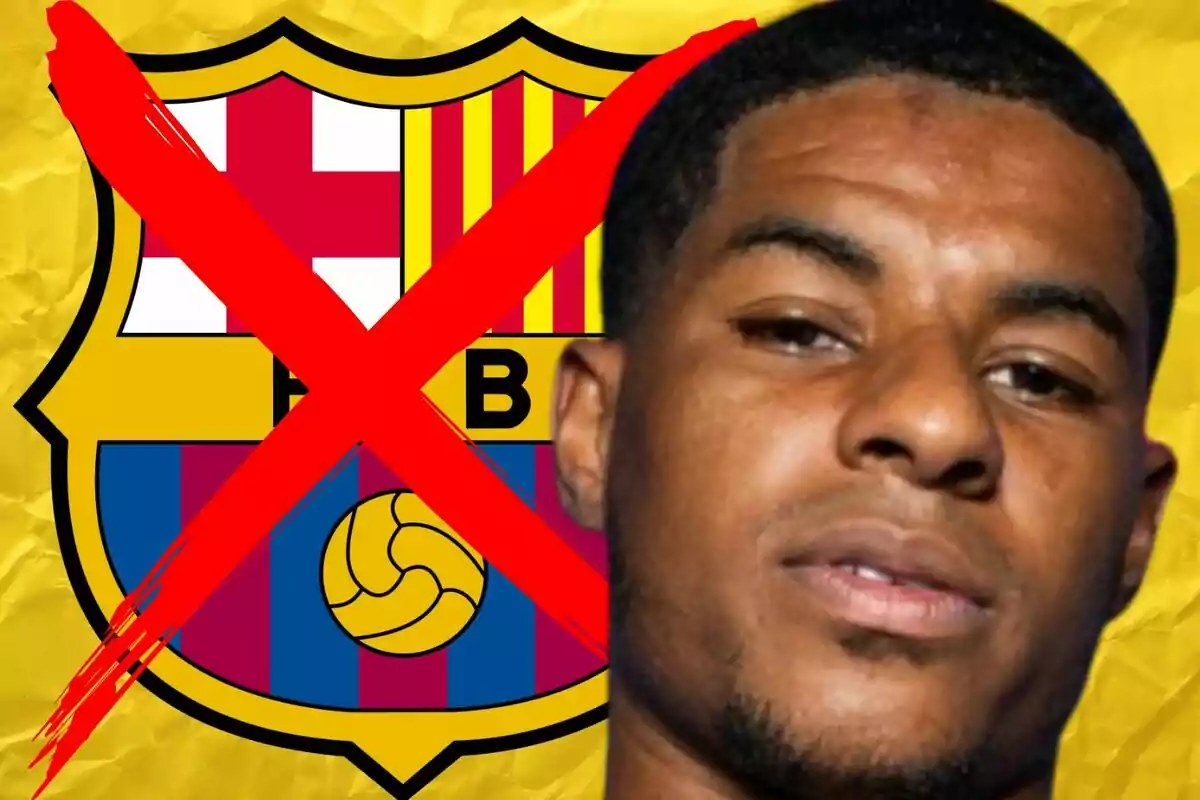 Escudo del FC Barcelona con una gran equis roja encima y el rostro de un futbolista en primer plano