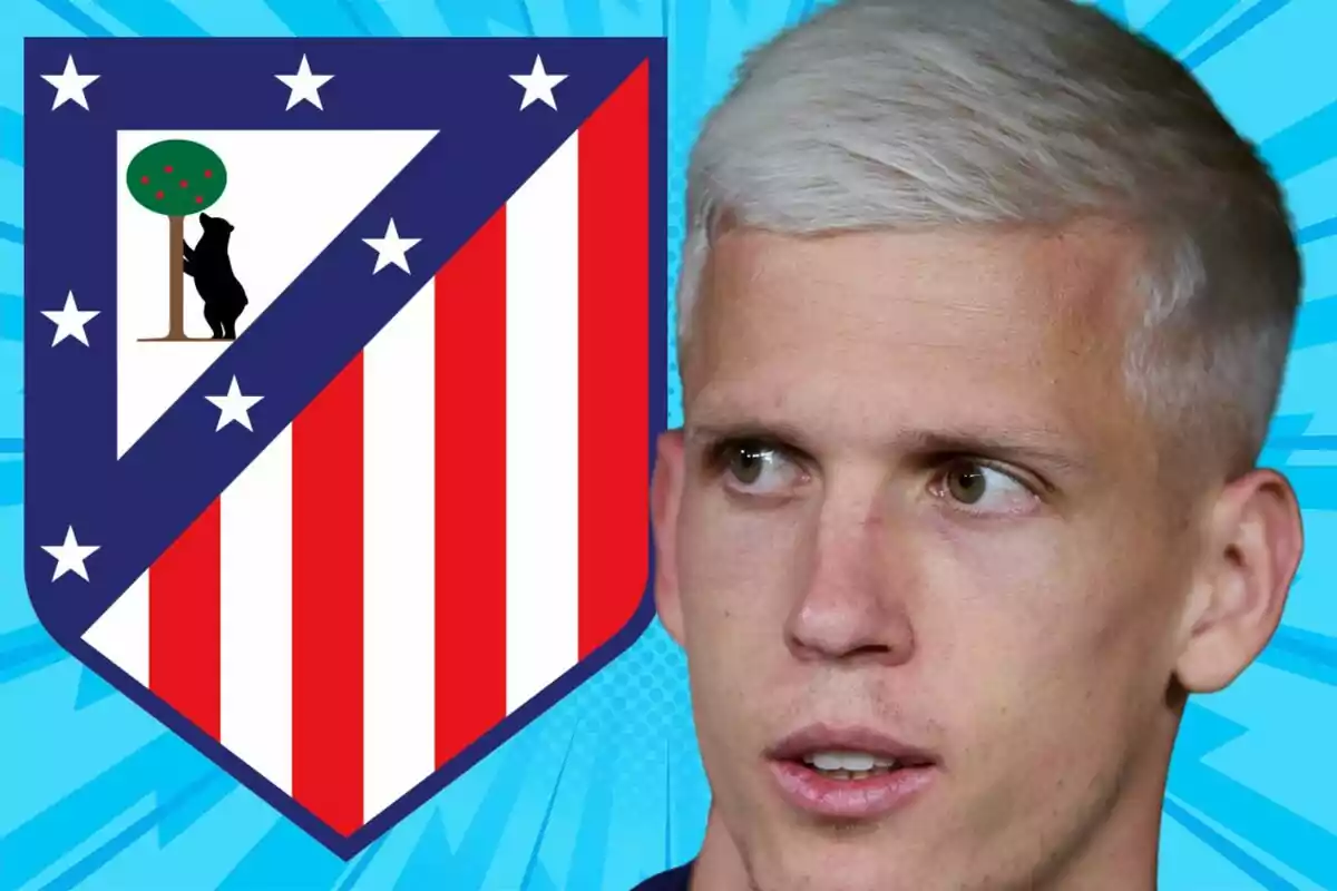 Un hombre rubio con el escudo del Atlético de Madrid de fondo sobre un diseño azul