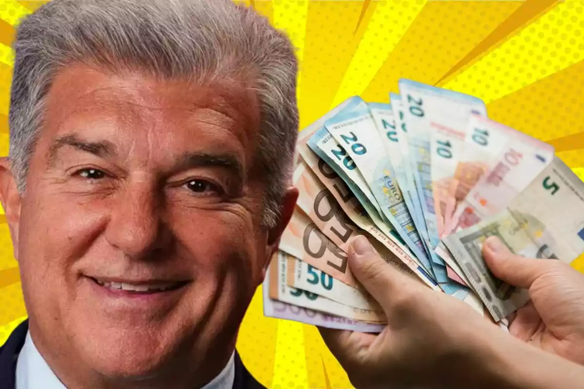 Smiling man in the foreground with a yellow background and a hand holding several euro bills