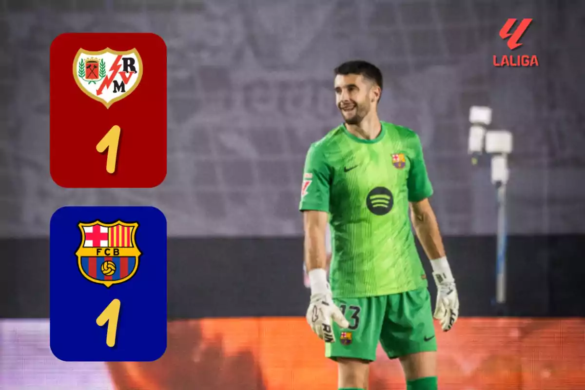 Portero del Barcelona sonriente en el campo con el marcador mostrando empate a uno entre Rayo Vallecano y Barcelona en un partido de LaLiga