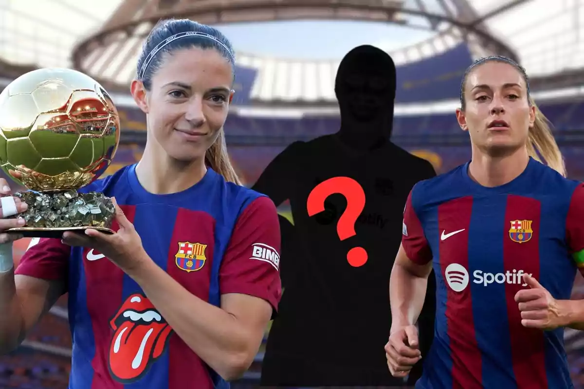 En la imagen se observan dos jugadoras del FC Barcelona, una de ellas sosteniendo un trofeo, mientras que en el centro hay una silueta negra con un signo de interrogación rojo.