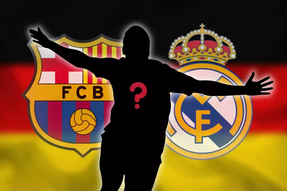 Silueta de un jugador de fútbol con un signo de interrogación en el pecho, con los escudos del FC Barcelona y el Real Madrid de fondo.