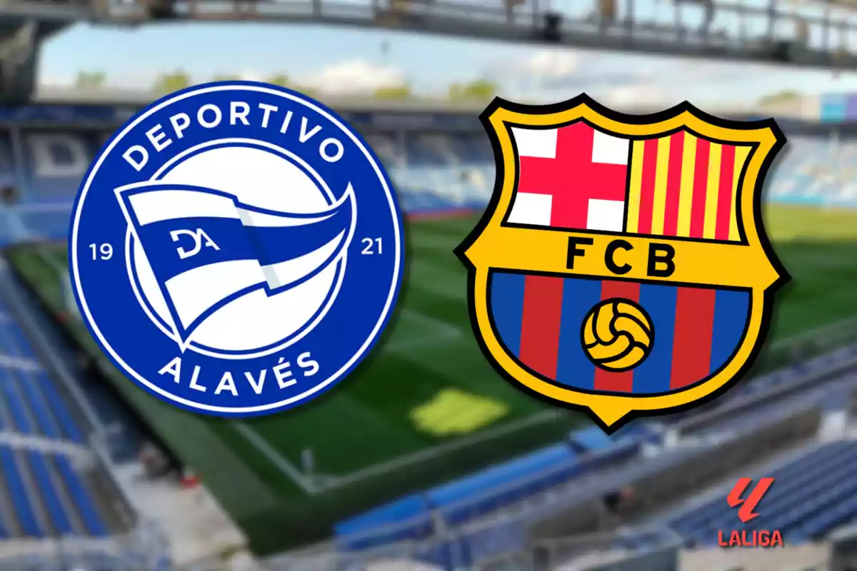 Logos de los equipos Deportivo Alavés y FC Barcelona sobre un fondo de estadio de fútbol.