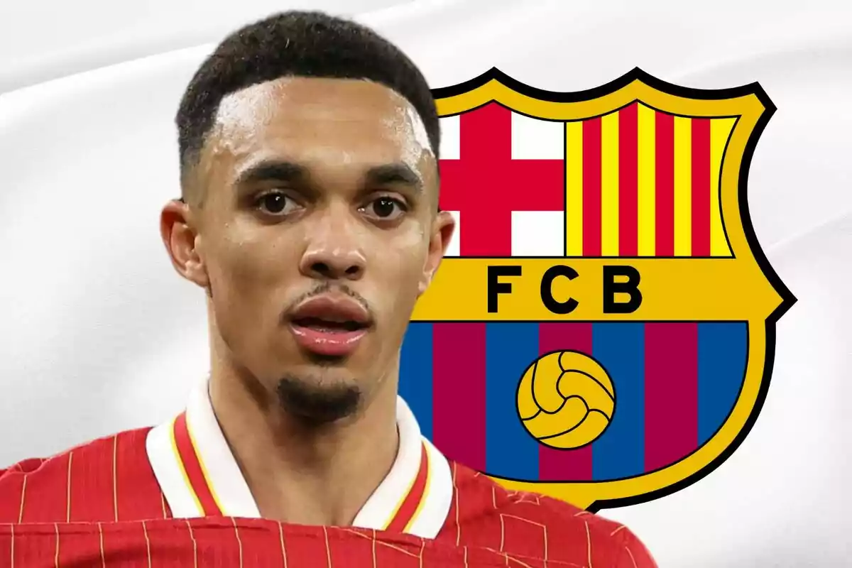 A player in a red jersey appears in front of the FC Barcelona crest.