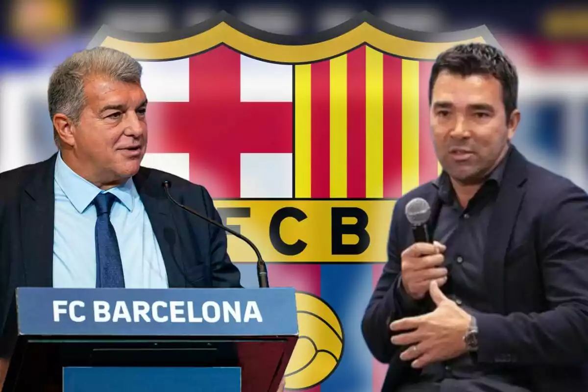 Dos hombres hablando en un evento del FC Barcelona con el escudo del club de fondo.