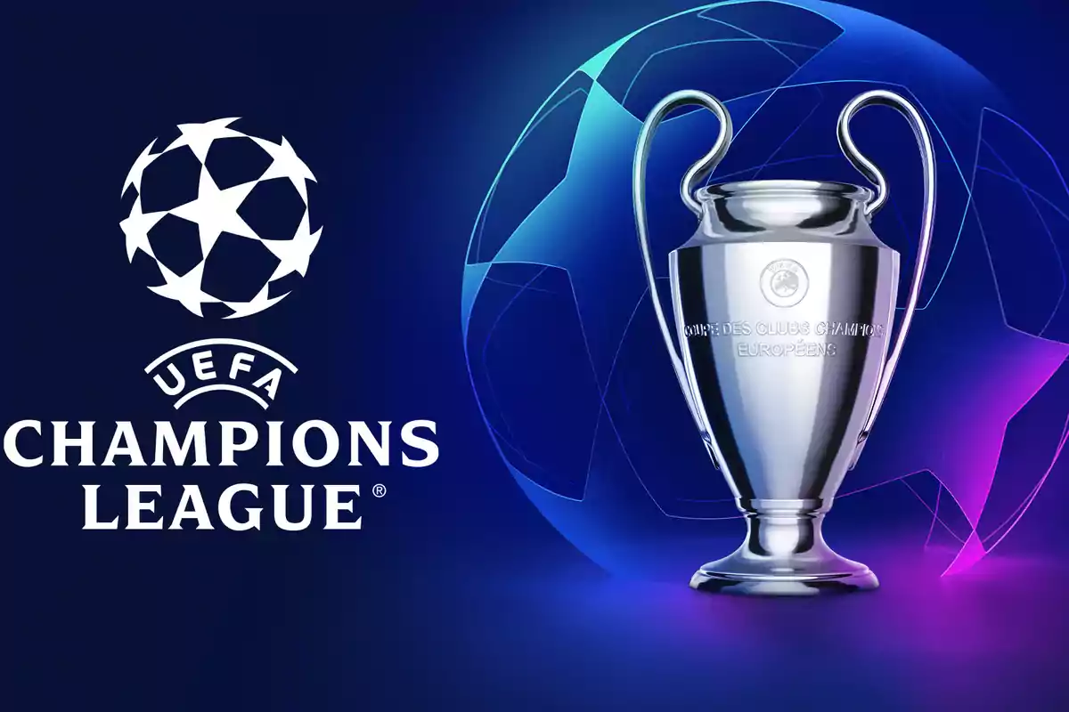 Logotipo de la UEFA Champions League junto al trofeo del torneo.