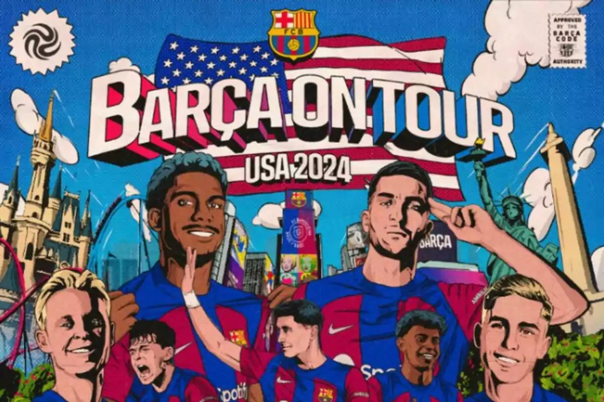 Cartel promocional del tour del FC Barcelona en Estados Unidos en 2024, con ilustraciones de jugadores del equipo y monumentos icónicos de Estados Unidos.