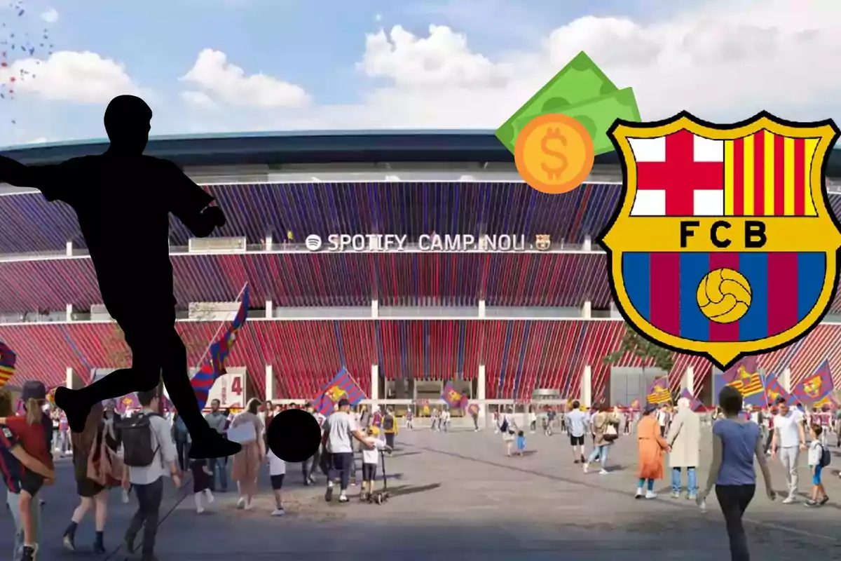 Imagen del estadio Spotify Camp Nou con el logo del FC Barcelona, un jugador de fútbol en silueta y símbolos de dinero.