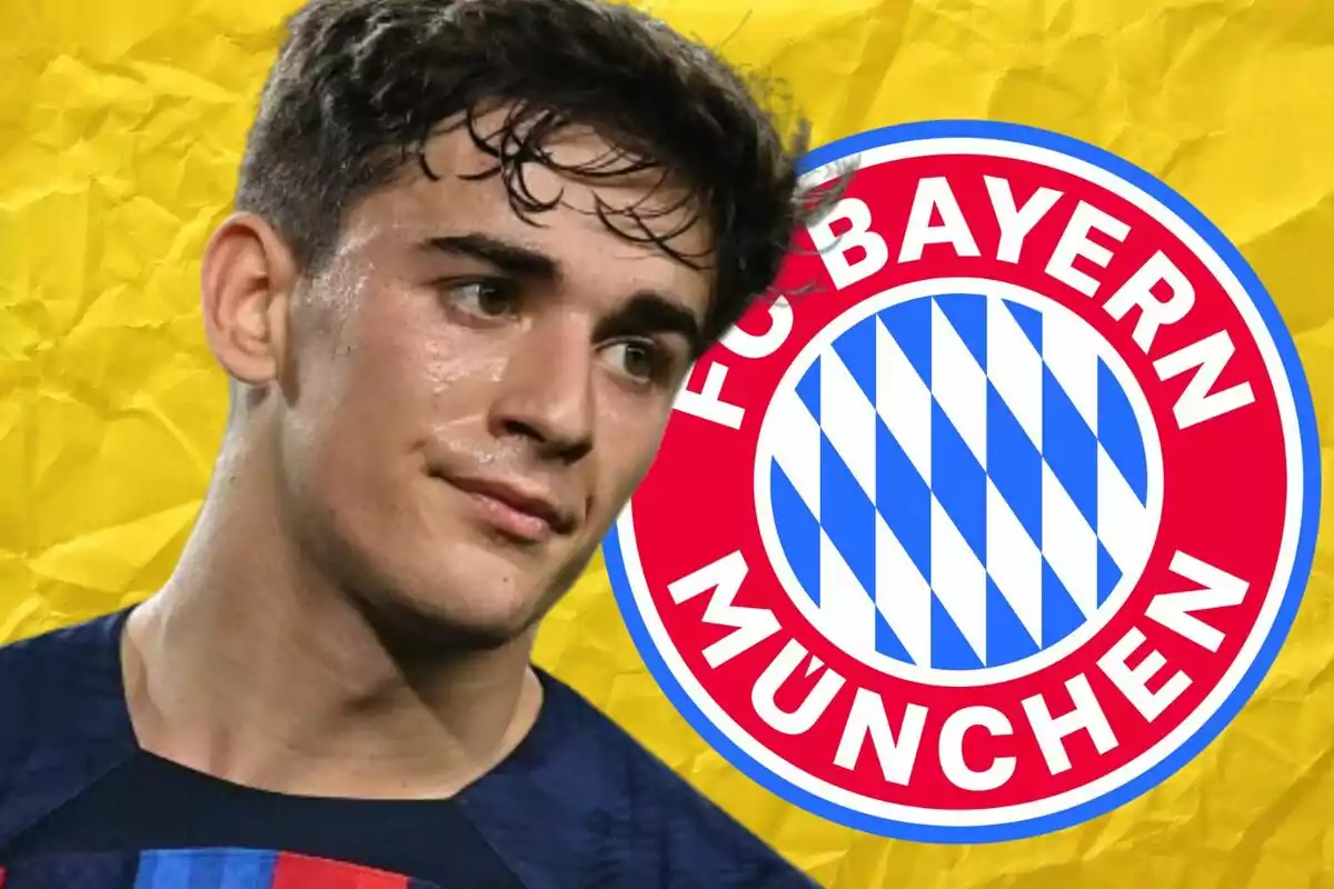 Un jugador de fútbol con una camiseta azul y roja aparece frente al logo del FC Bayern München sobre un fondo amarillo.