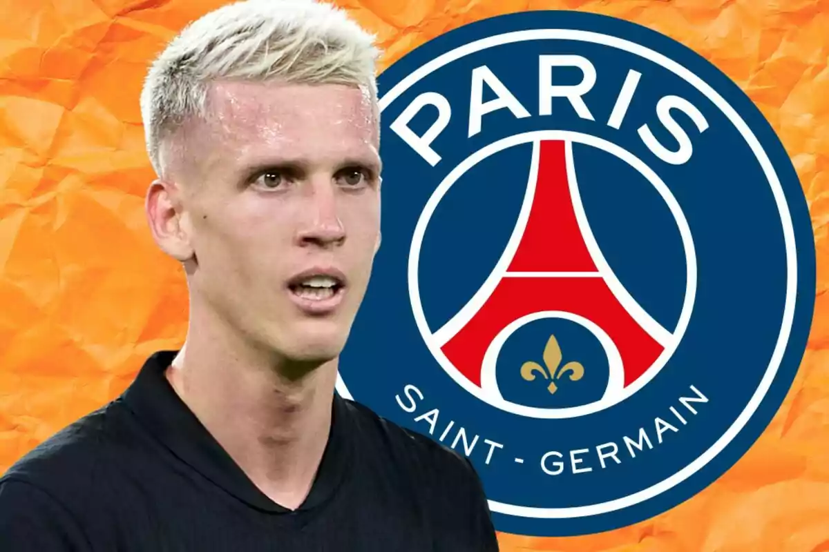 Un jugador de fútbol con cabello rubio frente al logo del Paris Saint-Germain sobre un fondo naranja.