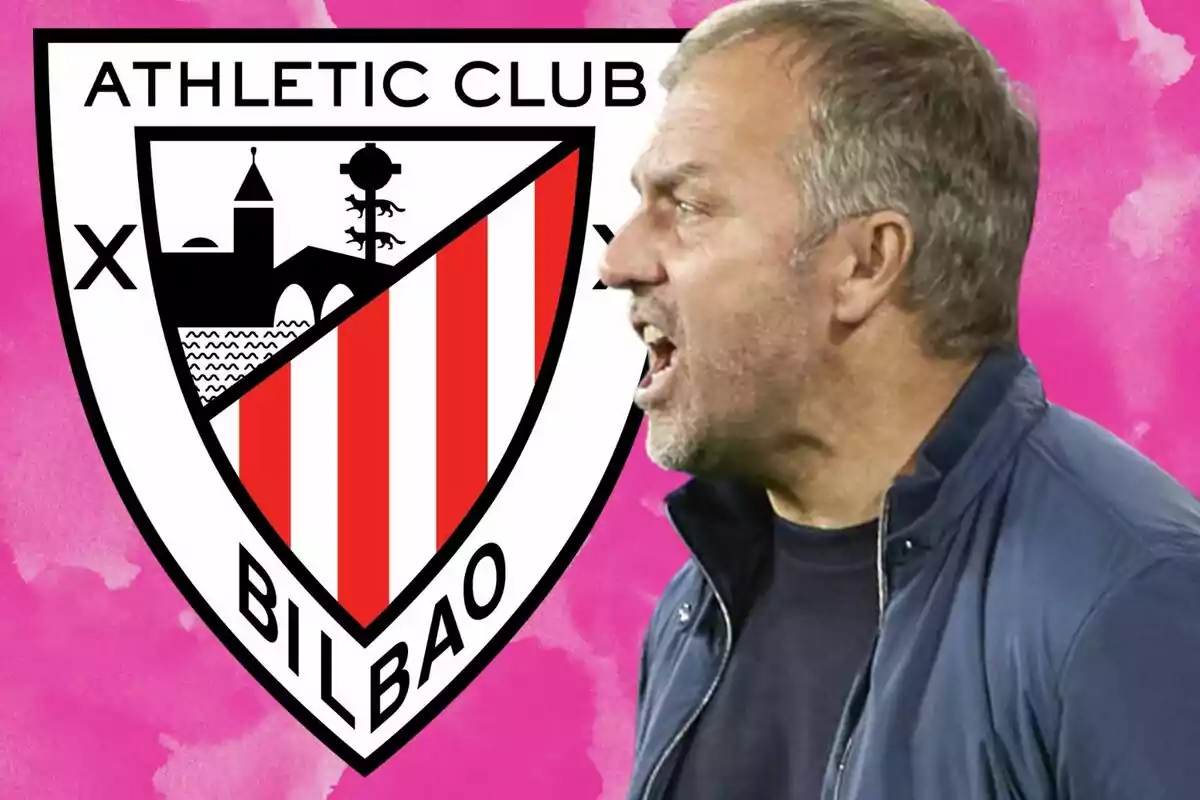 A man in profile shouting with the Athletic Club de Bilbao shield in the background on a pink background.