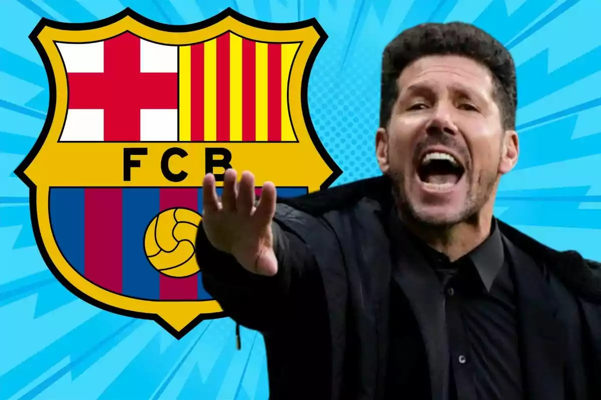 A man gesturing energetically in front of the FC Barcelona crest on a blue background.