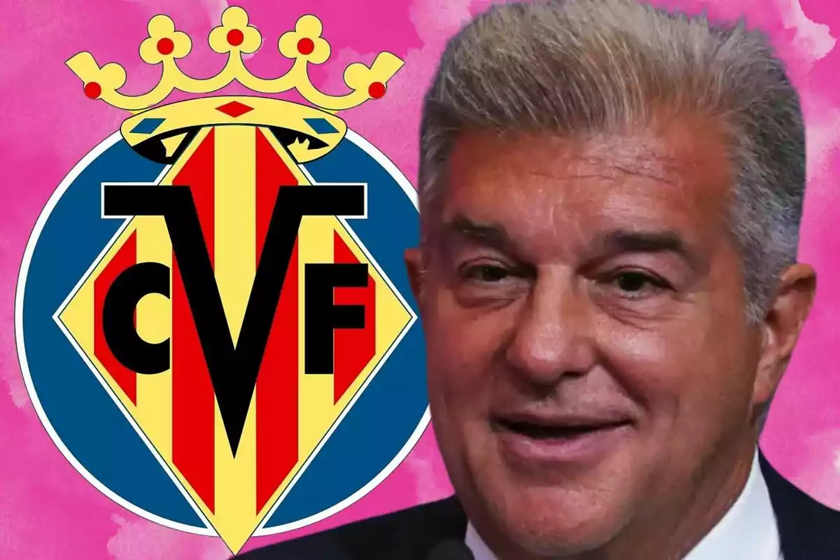 Smiling man in front of the Villarreal CF crest with a pink background.