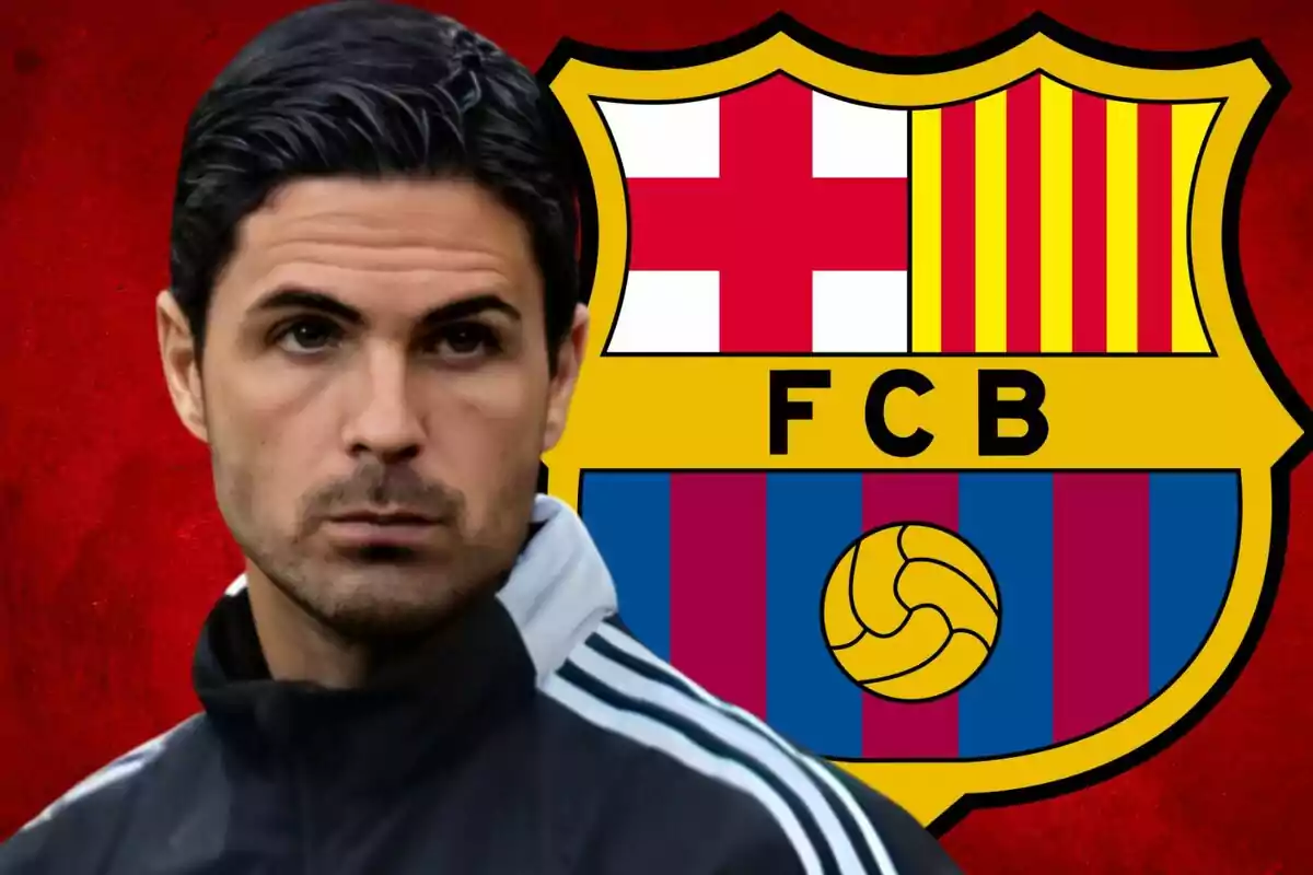 A man in a dark jacket in front of the FC Barcelona crest on a red background.