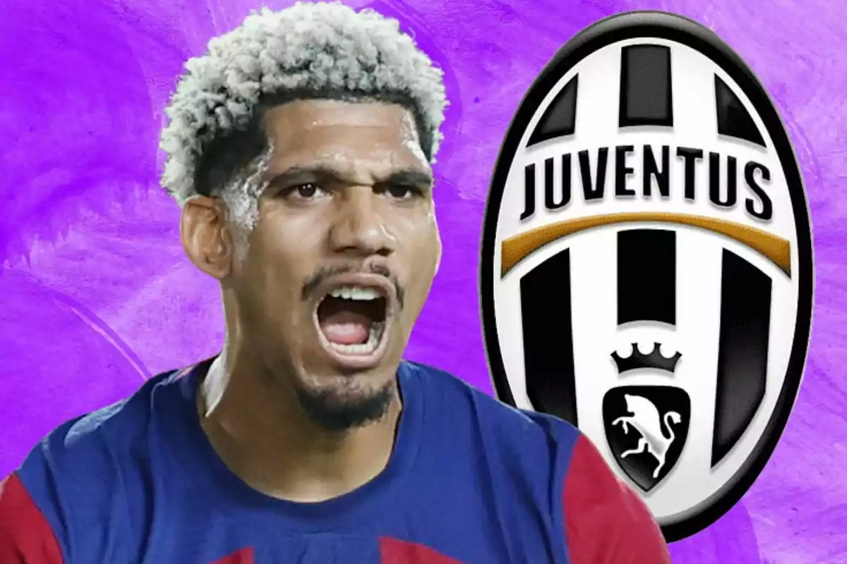 A soccer player with an intense expression in front of a purple background and the Juventus crest.